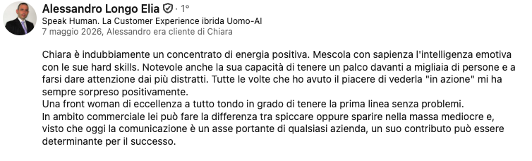 Recensione LinkedIn di Alessandro Longo Elia per Chiara Costantino