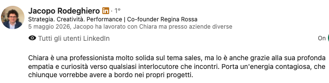 Recensione LinkedIn di Jacopo Rodeghiero per Chiara Costantino